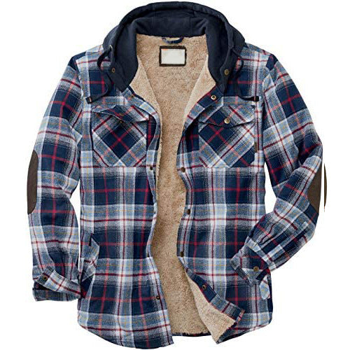 Men's Thick Cotton Checked Long-sleeved Hooded Jacket