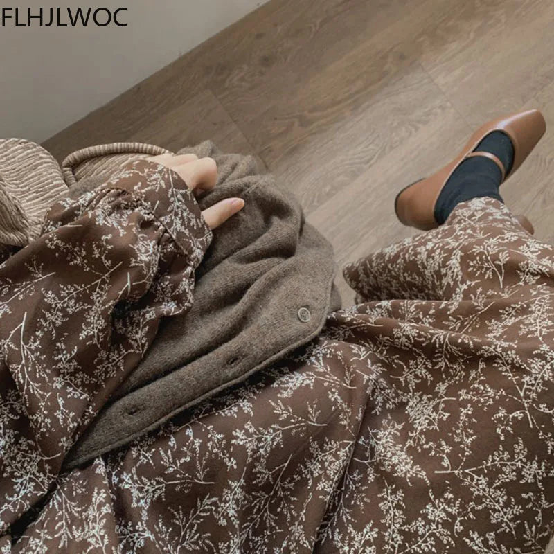 Korea Chic Dress Temperament Holiday Date Girls V Neck Draped Sweet Romantic Floral Print Women Long Split Slit Dresses Vestidos