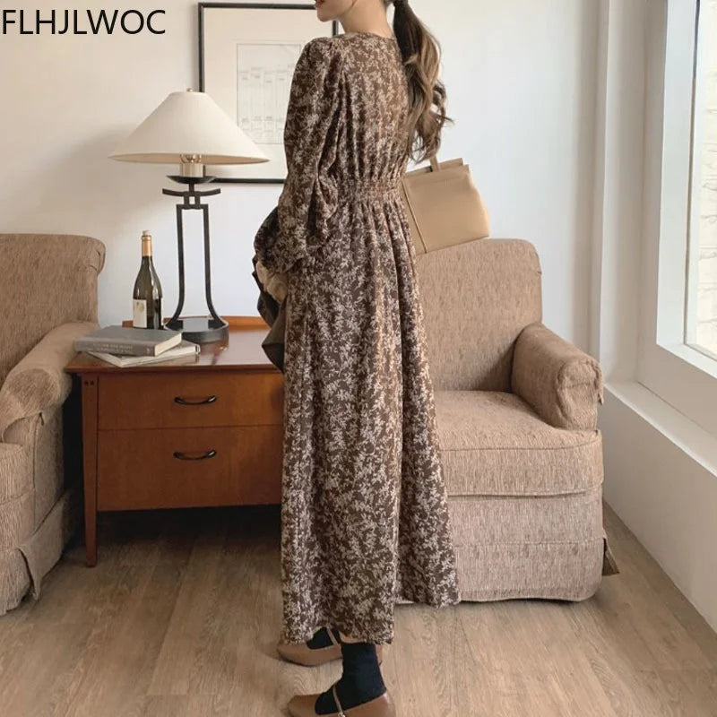Korea Chic Dress Temperament Holiday Date Girls V Neck Draped Sweet Romantic Floral Print Women Long Split Slit Dresses Vestidos