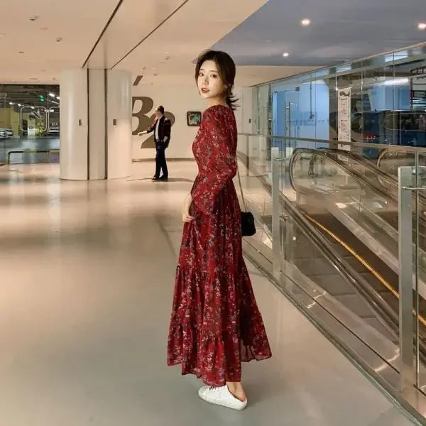 Spring Autumn Winter Floral Print V-neck Long Sleeve Slimming Maxi Dress Fashionable Base Layer Fresh Style Knee-high Dress