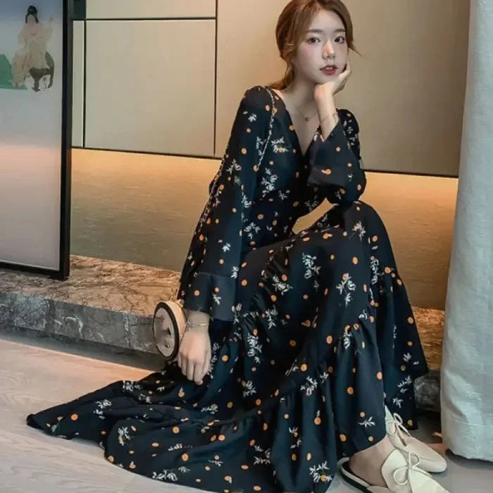 Spring Autumn Winter Floral Print V-neck Long Sleeve Slimming Maxi Dress Fashionable Base Layer Fresh Style Knee-high Dress