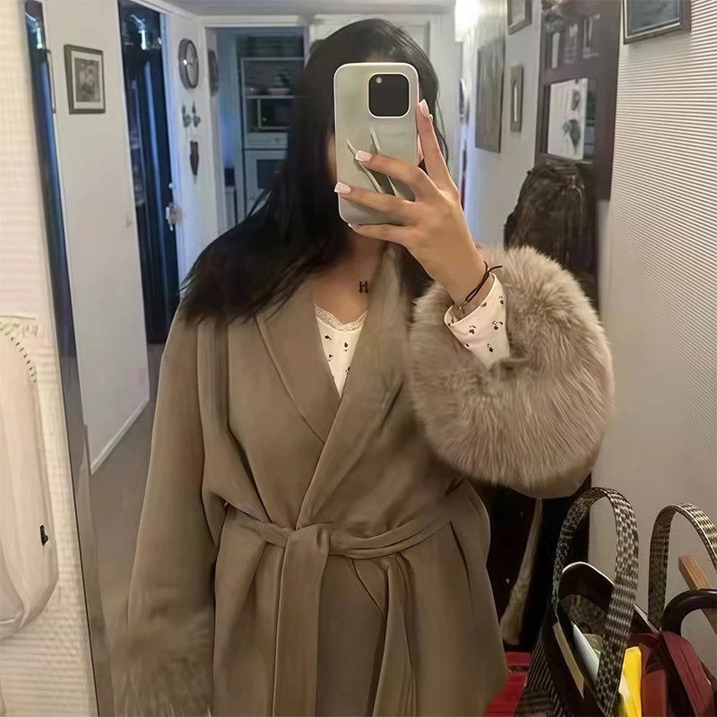 Fashion Solid Belted Coat Women's Turn-down Collar Fuzzy Cuff Design Long Sleeve Jacket 2025 Autumn New Ladies Casual Streetwear