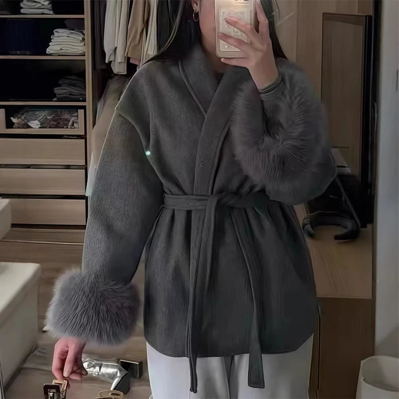 Fashion Solid Belted Coat Women's Turn-down Collar Fuzzy Cuff Design Long Sleeve Jacket 2025 Autumn New Ladies Casual Streetwear