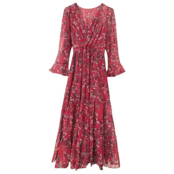 Spring Autumn Winter Floral Print V-neck Long Sleeve Slimming Maxi Dress Fashionable Base Layer Fresh Style Knee-high Dress
