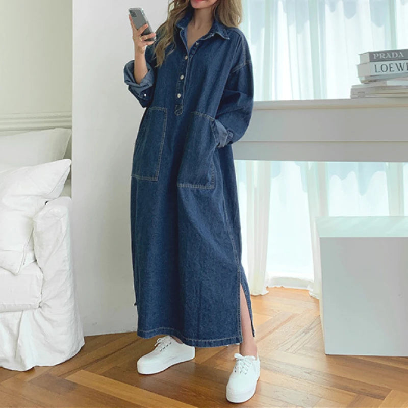 Long Dress Women Denim Dresses Turn Down Collar A Line Vestidos Maxi Mom Jeans Streetwear Casual Loose Y2k Summer 2025 Party
