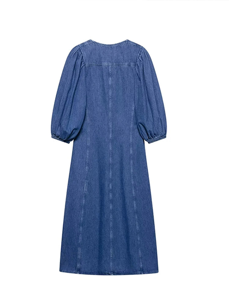 Denim Puff Short Sleeve Women's Dress Summer O-neck Covered Button Long Dresses Female 2025 Fashion Fit A-line Lady Robe