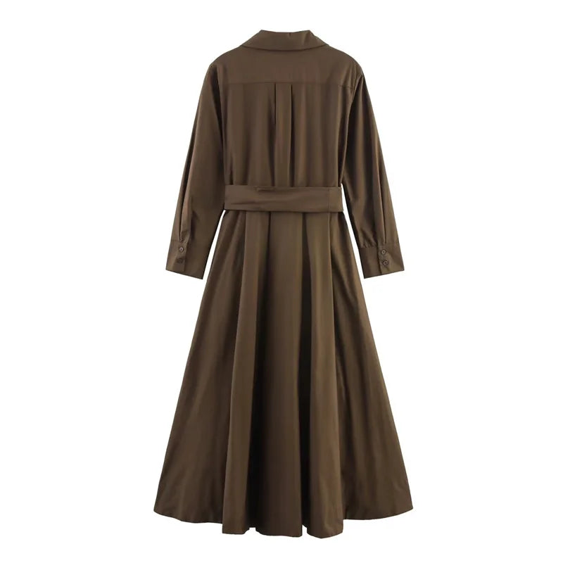 Robe femme automne 2025 nouvelle couleur unie à manches longues chemise Style a-pendule robe ceinture décoration décontracté mode personnalité