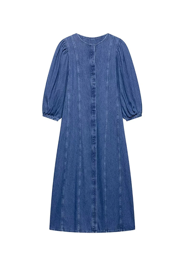 Denim Puff Short Sleeve Women's Dress Summer O-neck Covered Button Long Dresses Female 2025 Fashion Fit A-line Lady Robe