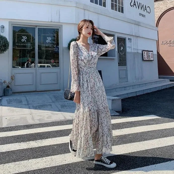 Spring Autumn Winter Floral Print V-neck Long Sleeve Slimming Maxi Dress Fashionable Base Layer Fresh Style Knee-high Dress