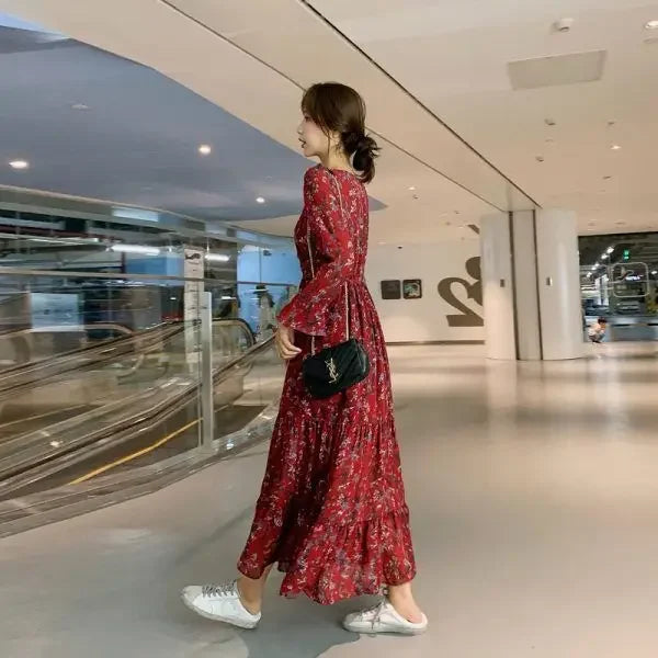 Spring Autumn Winter Floral Print V-neck Long Sleeve Slimming Maxi Dress Fashionable Base Layer Fresh Style Knee-high Dress