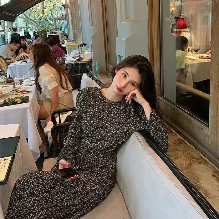 Robe longue française élégante à fleurs noires pour femmes, Vintage, amincissante, manches longues, Base, automne/hiver, en mousseline de soie, ajustée à la taille