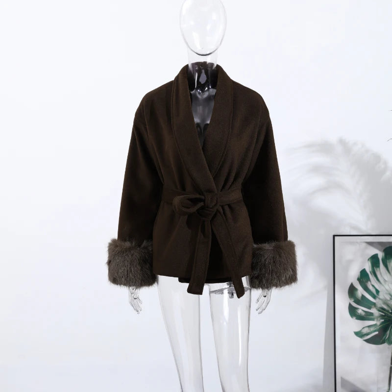 Fashion Solid Belted Coat Women's Turn-down Collar Fuzzy Cuff Design Long Sleeve Jacket 2025 Autumn New Ladies Casual Streetwear