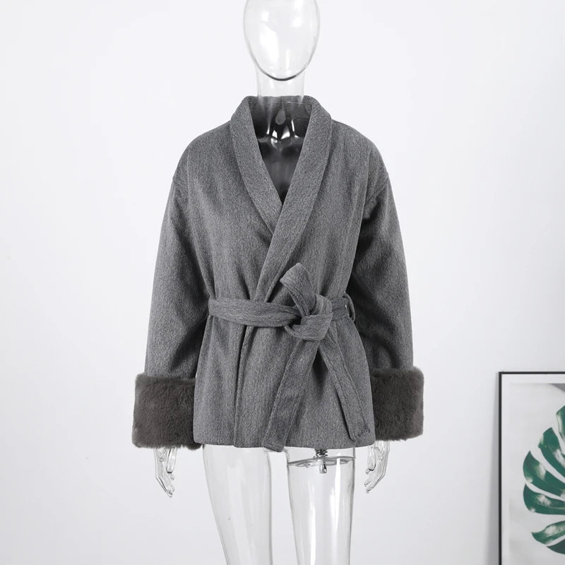 Fashion Solid Belted Coat Women's Turn-down Collar Fuzzy Cuff Design Long Sleeve Jacket 2025 Autumn New Ladies Casual Streetwear