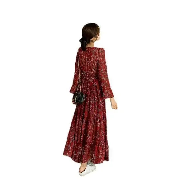Spring Autumn Winter Floral Print V-neck Long Sleeve Slimming Maxi Dress Fashionable Base Layer Fresh Style Knee-high Dress