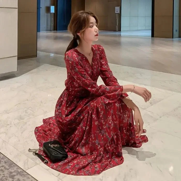 Spring Autumn Winter Floral Print V-neck Long Sleeve Slimming Maxi Dress Fashionable Base Layer Fresh Style Knee-high Dress