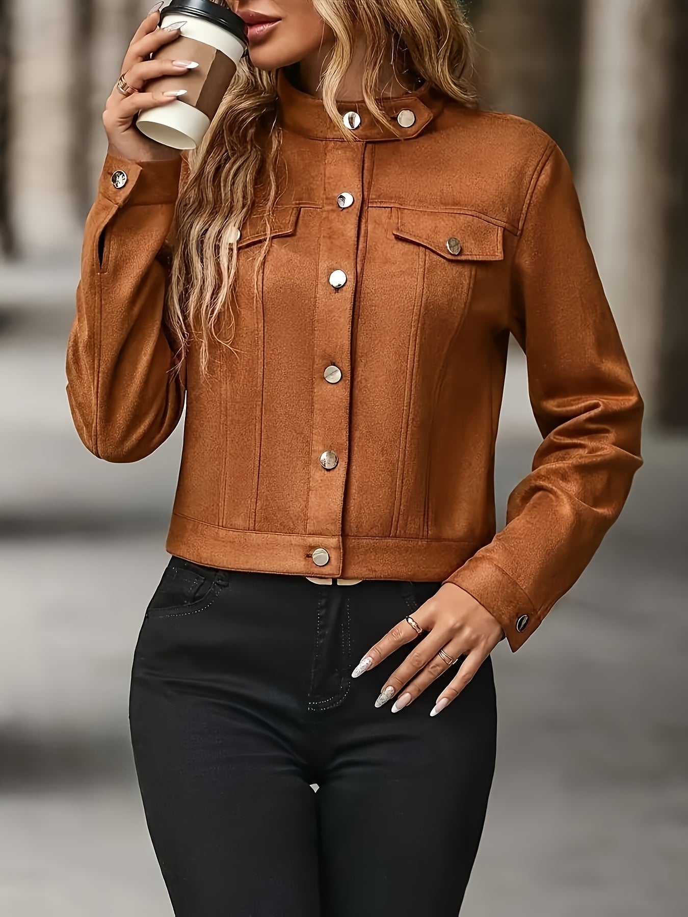 Babette | Vintage Suède Jas Met Opstaande Kraag