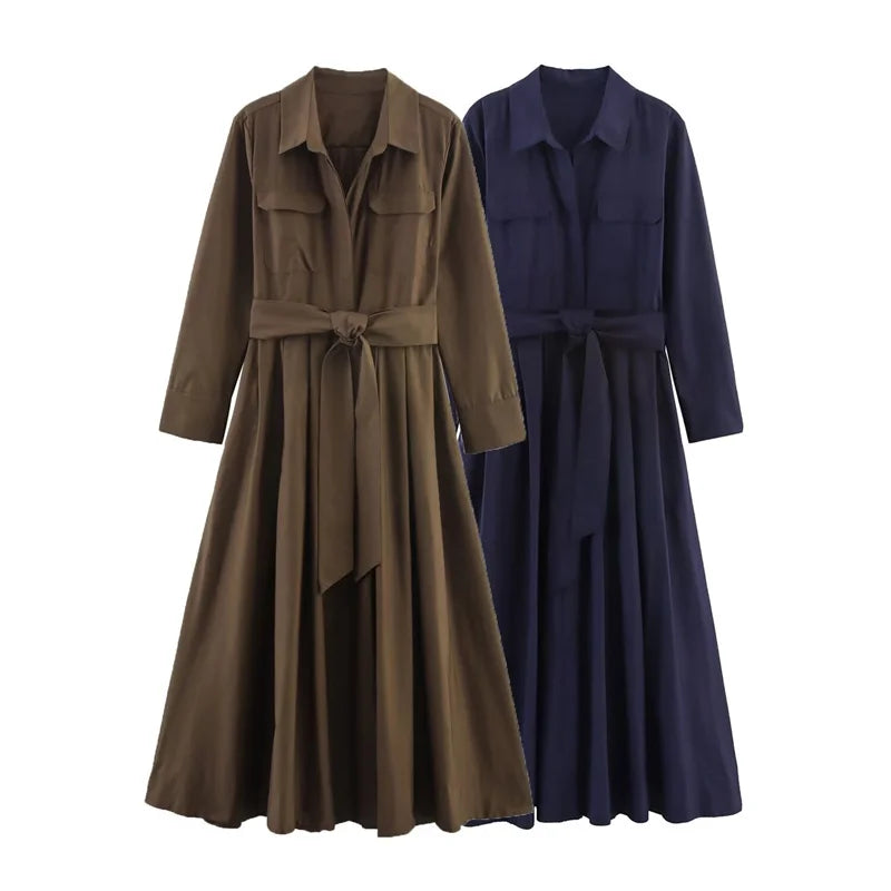 Robe femme automne 2025 nouvelle couleur unie à manches longues chemise Style a-pendule robe ceinture décoration décontracté mode personnalité