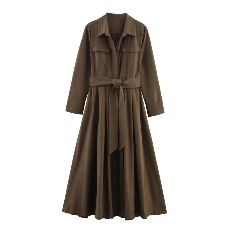 Robe femme automne 2025 nouvelle couleur unie à manches longues chemise Style a-pendule robe ceinture décoration décontracté mode personnalité
