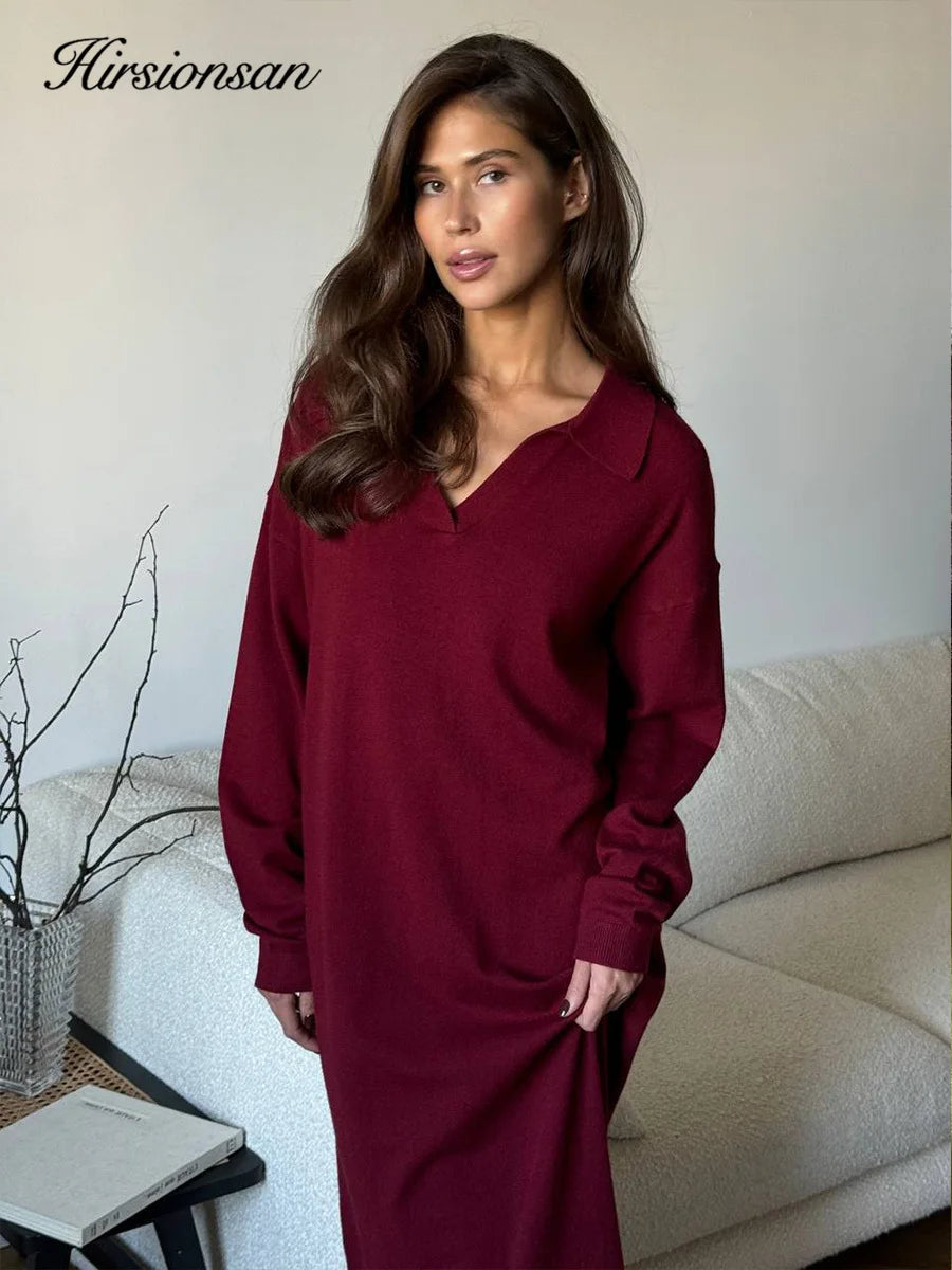 Hirsionsan manches longues automne hiver ample col Polo pull robes femmes doux élégant solide robe en tricot femme 2025 nouveaux vêtements