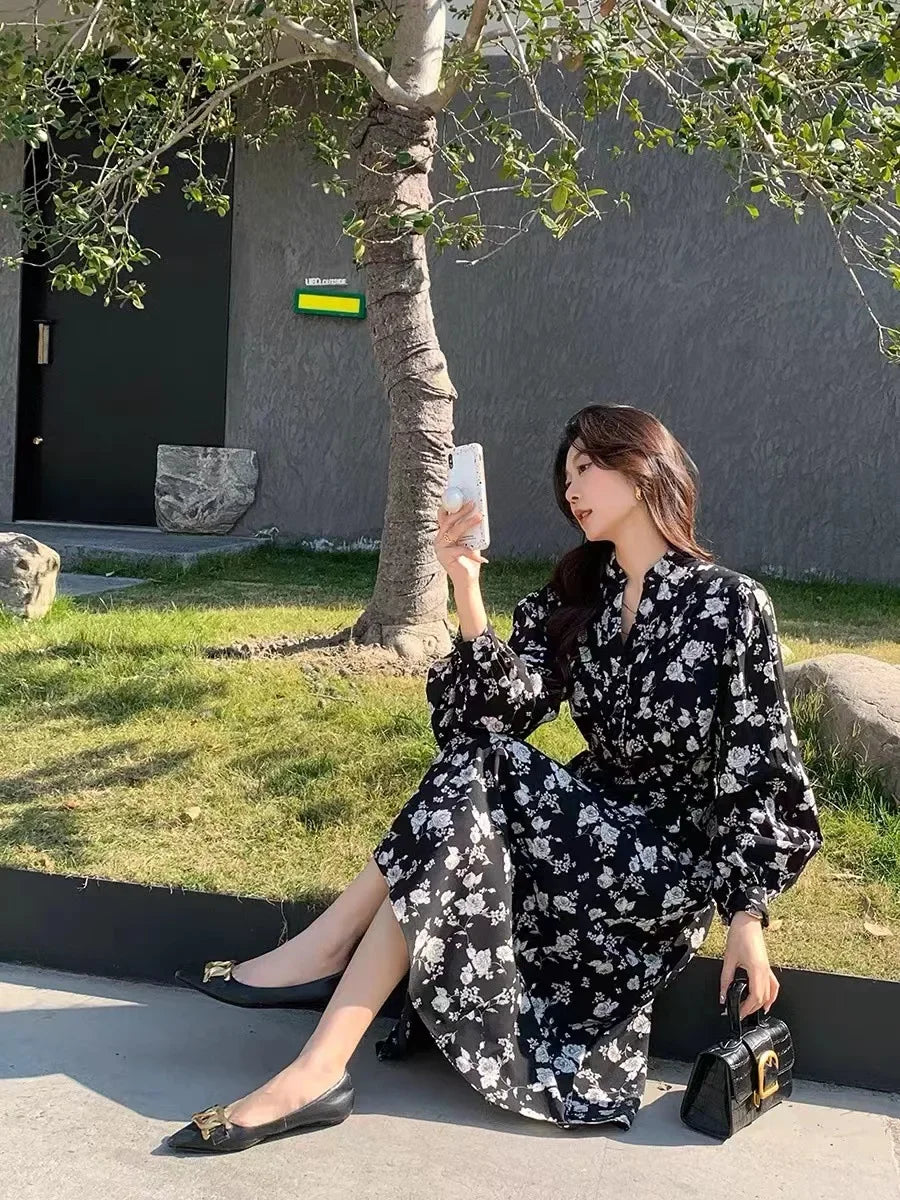 Rose Tea Break imprimé fleuri col en v robe mi-longue élégance Motif chinois manches longues genou longueur robe pour femme