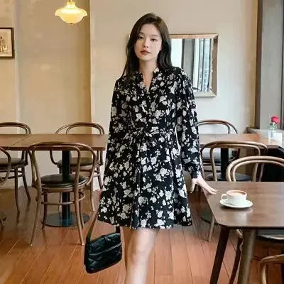 Rose Tea Break imprimé fleuri col en v robe mi-longue élégance Motif chinois manches longues genou longueur robe pour femme