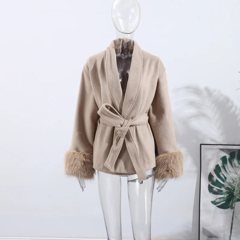 Fashion Solid Belted Coat Women's Turn-down Collar Fuzzy Cuff Design Long Sleeve Jacket 2025 Autumn New Ladies Casual Streetwear