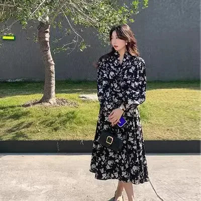 Rose Tea Break imprimé fleuri col en v robe mi-longue élégance Motif chinois manches longues genou longueur robe pour femme