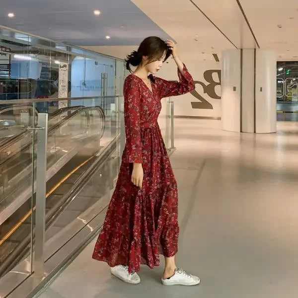Spring Autumn Winter Floral Print V-neck Long Sleeve Slimming Maxi Dress Fashionable Base Layer Fresh Style Knee-high Dress